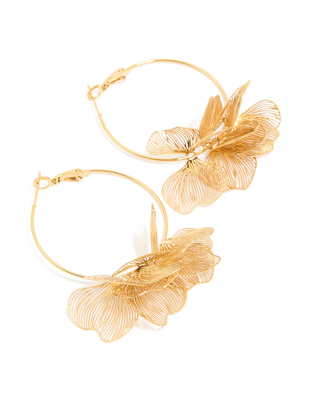 Featuring waterproof gold plated stainless steel etched flower hoop earrings in front view