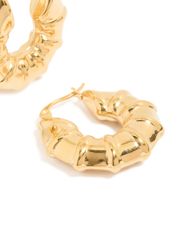 Waterproof Gold Plated Stainless Steel Barrel Detail Hoop Earrings