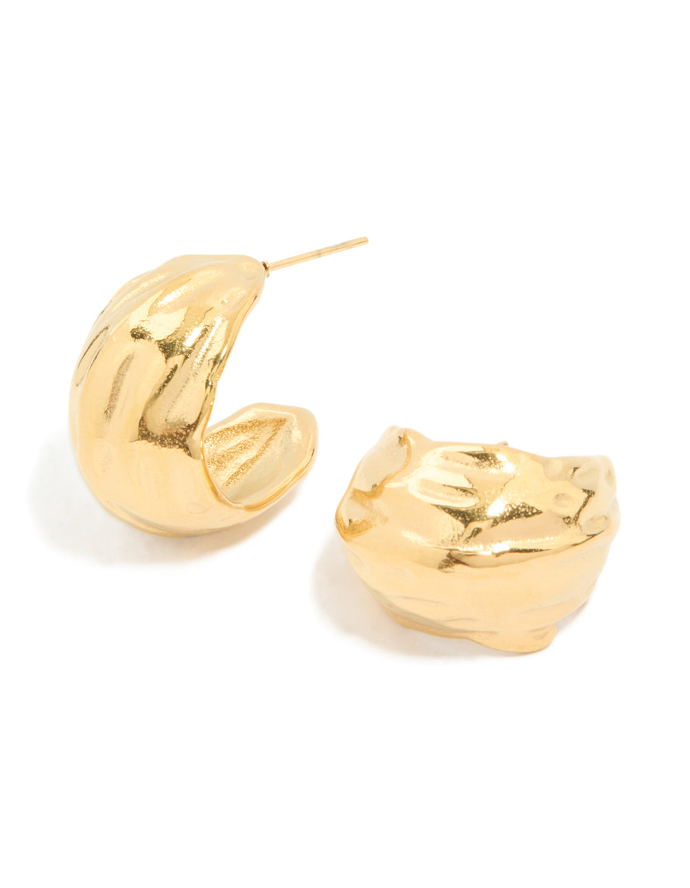Crafted from waterproof gold plated stainless steel, these chunky curved hoop earrings feature a textured finish front view