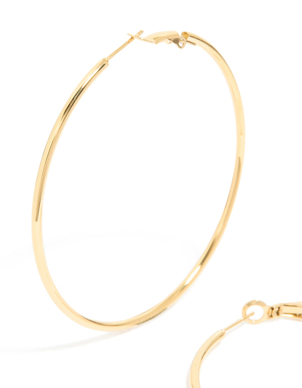 Crafted from waterproof gold plated stainless steel hoop earrings in 55 MM size close up view