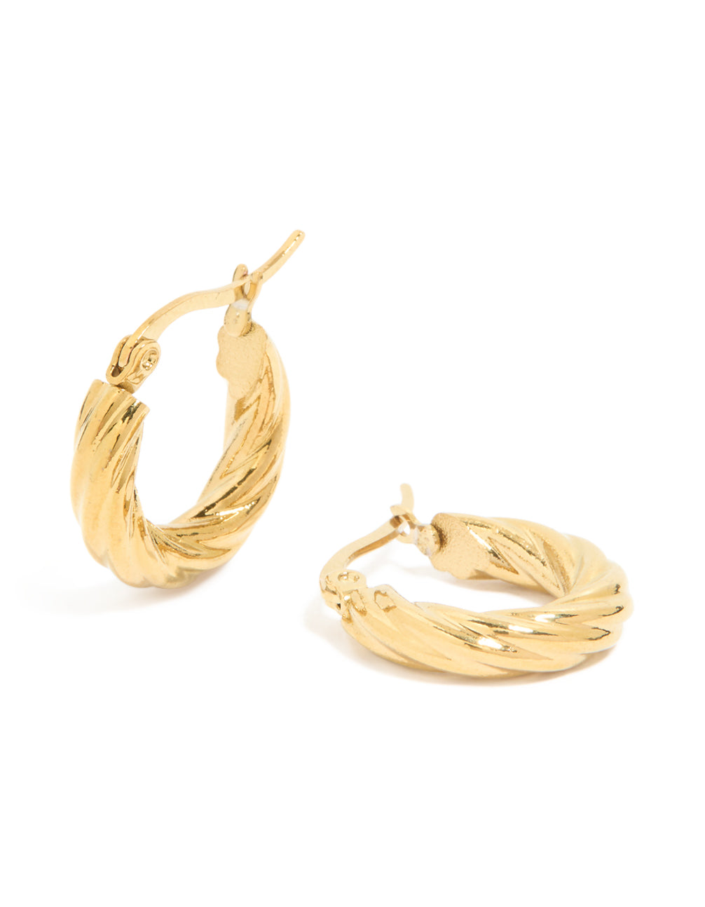 Showcasing waterproof gold plated stainless steel twist hoop earrings front view