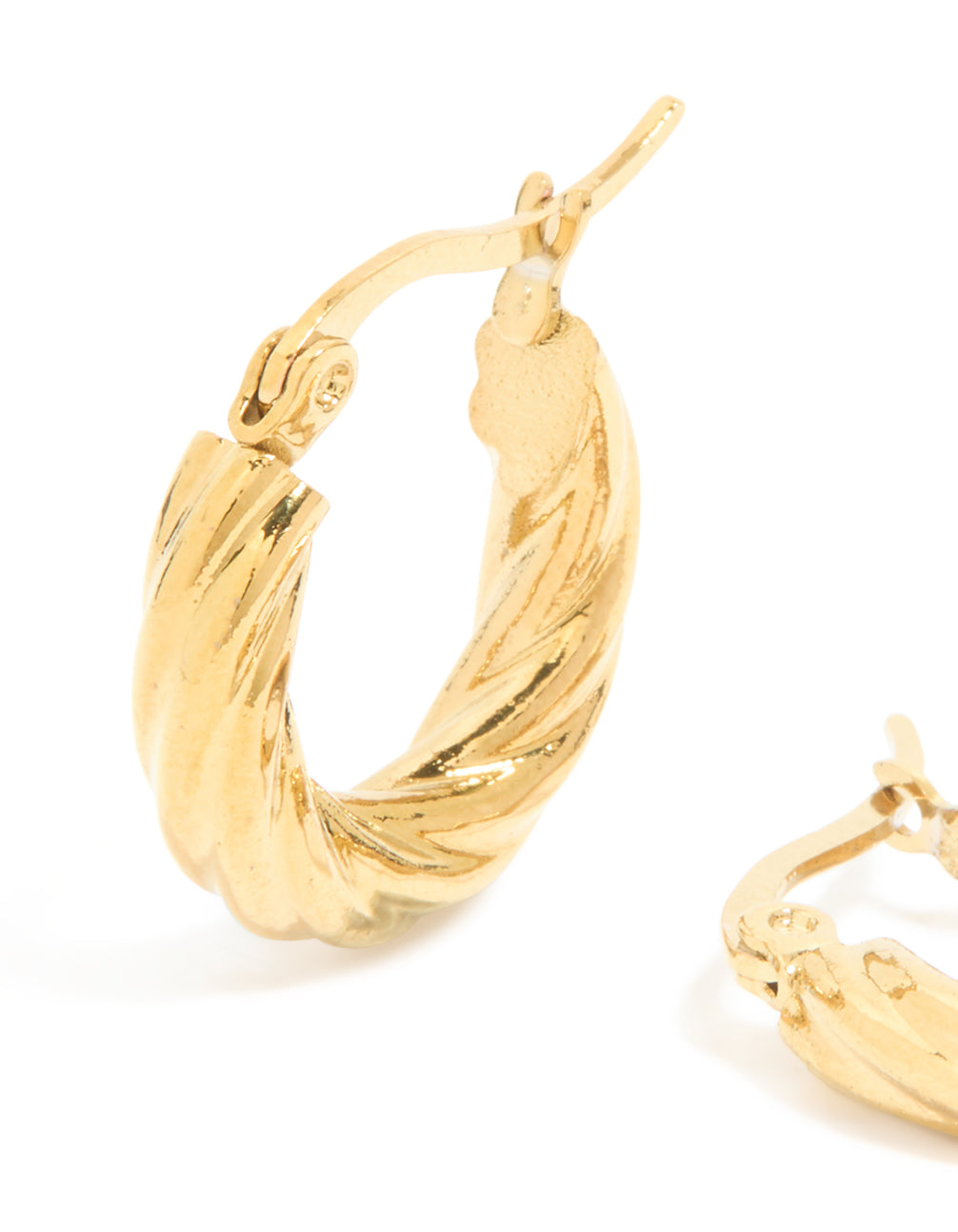 Designed with waterproof gold plated stainless steel twist hoop earrings close up view
