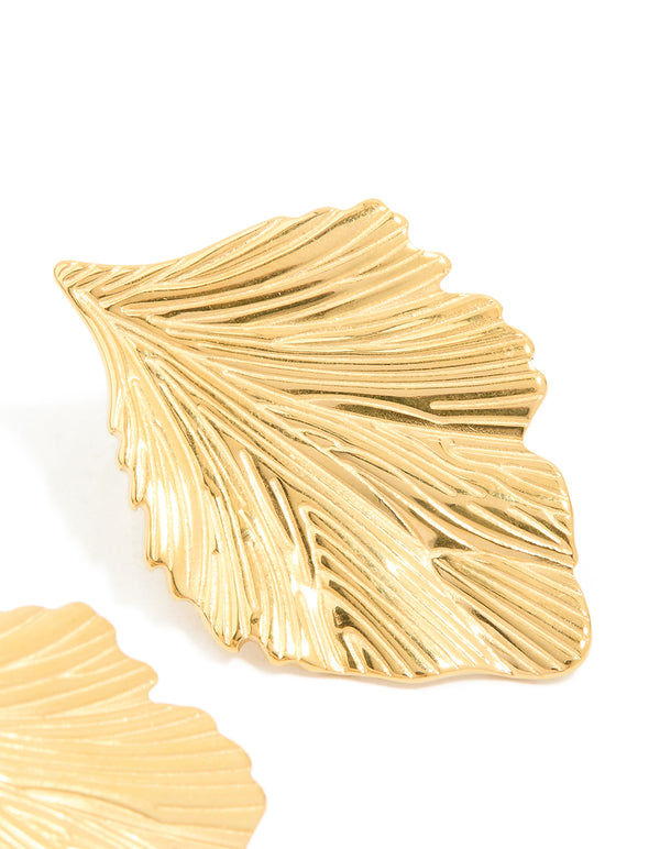 Revealing waterproof gold plated stainless steel textured leaf earrings with dimensional ridges and veining post detail view