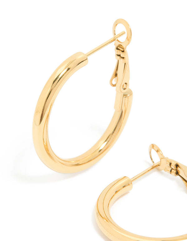 Crafted from waterproof gold plated stainless steel hoop earrings in 30 MM close up view
