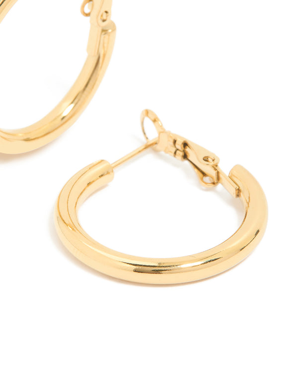 Designed with waterproof gold plated stainless steel hoop earrings in 30 MM post detail view