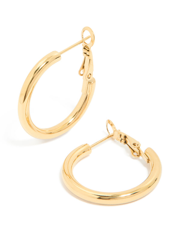 Featuring waterproof gold plated stainless steel hoop earrings in 30 MM front view