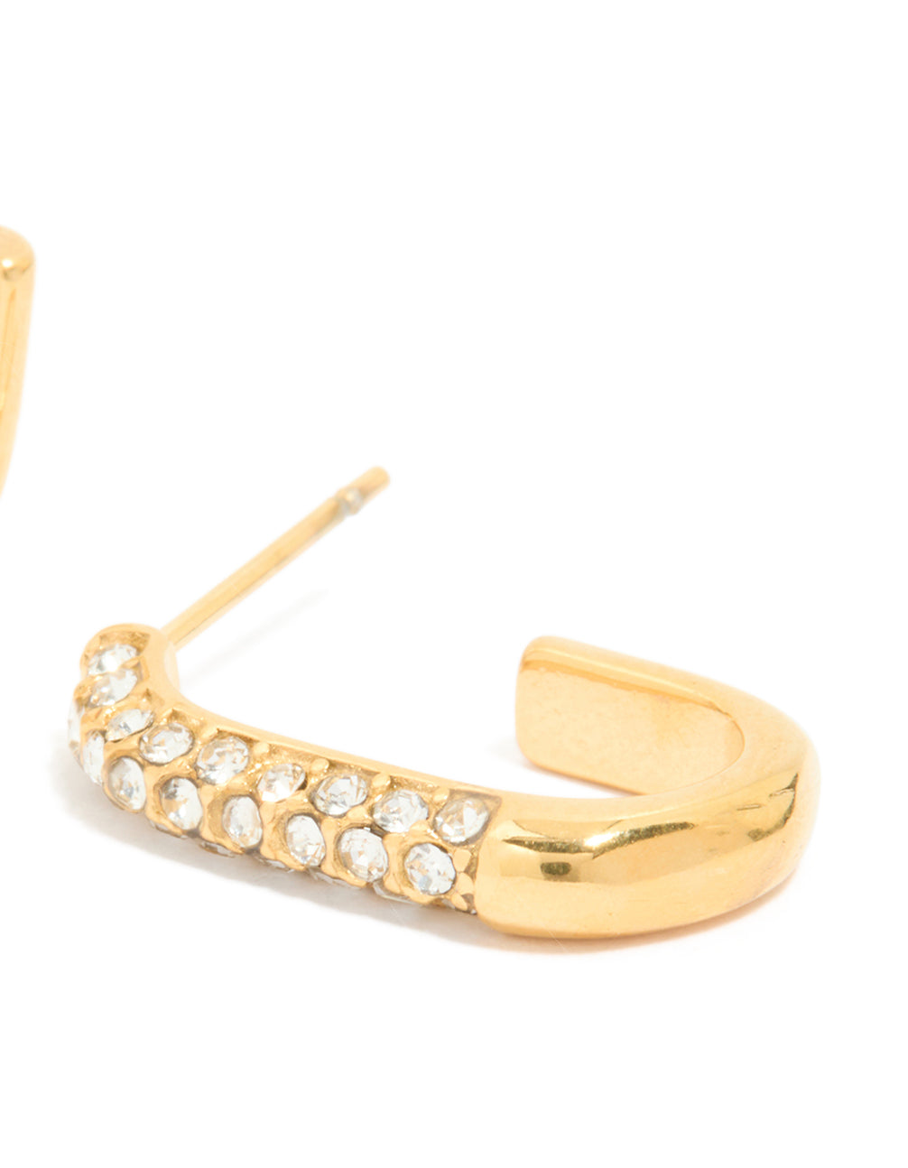 Highlighting waterproof gold plated stainless steel diamante half oval hoop earrings post detail view