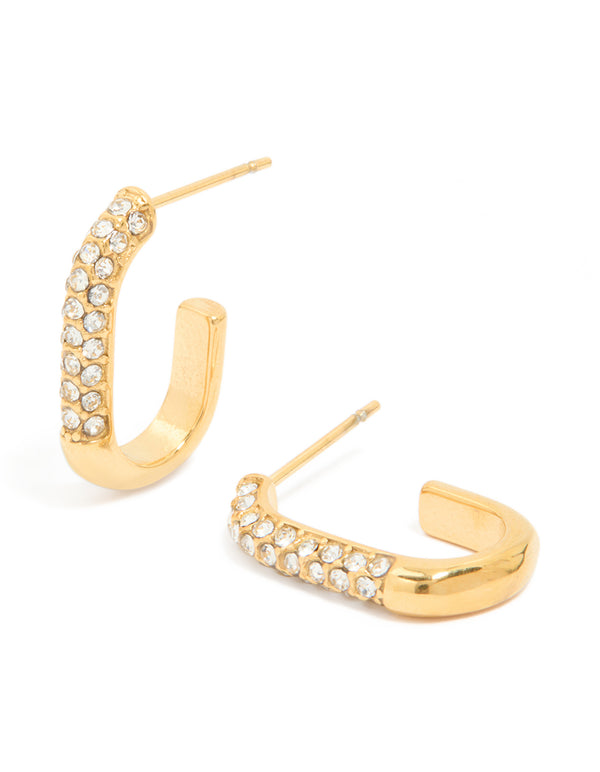 Waterproof Gold Plated Stainless Steel Diamante Half Oval Hoop Earrings