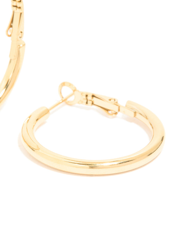 Highlighting waterproof gold plated stainless steel hoop earrings in post detail view