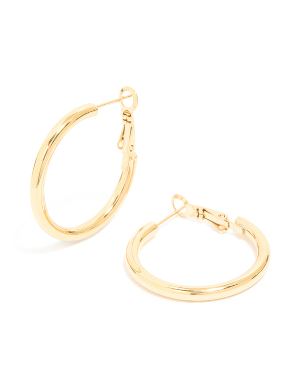 Showcasing waterproof gold plated stainless steel hoop earrings in front view