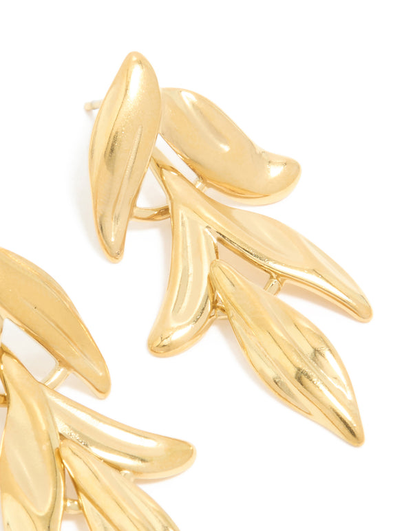 Waterproof Gold Plated Stainless Steel Cascading Leaf Drop Stud Earrings