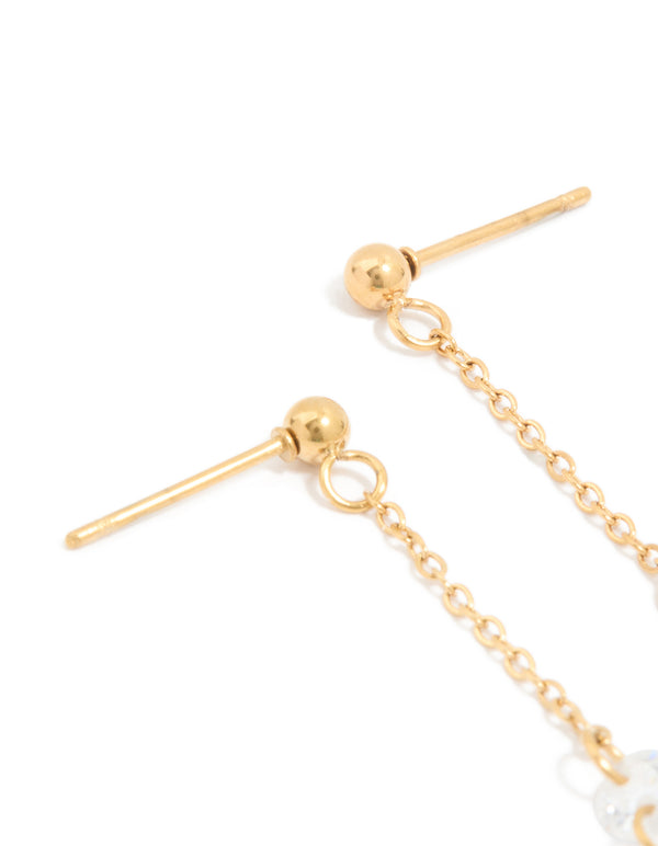 Precision-crafted waterproof gold plated stainless steel cubic zirconia droplet chain earrings in gold and clear stones post detail view