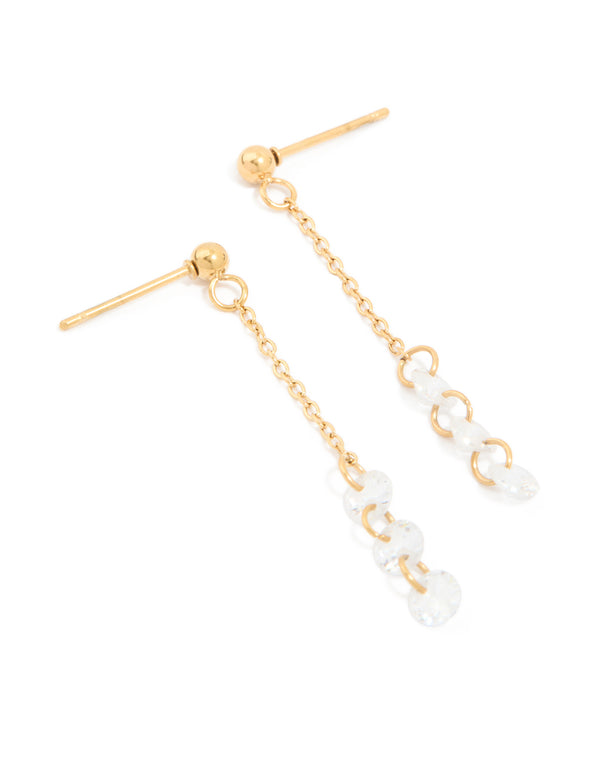 Beautifully crafted waterproof gold plated stainless steel cubic zirconia droplet chain earrings in gold and clear front view