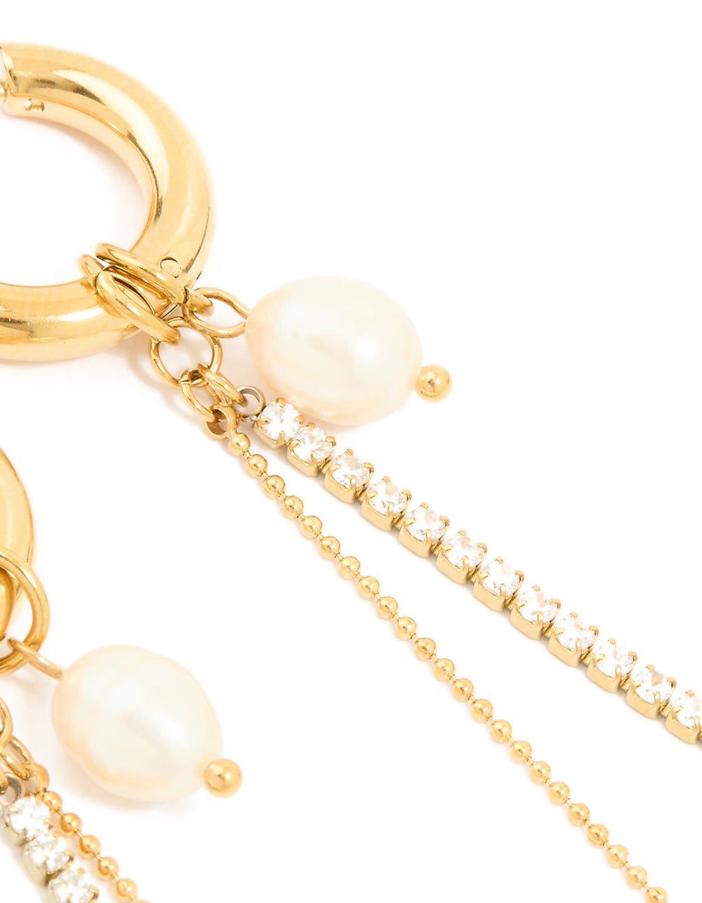 Elevated angle of waterproof gold plated stainless steel huggie earrings with freshwater pearl and diamante cup chain charms post detail view