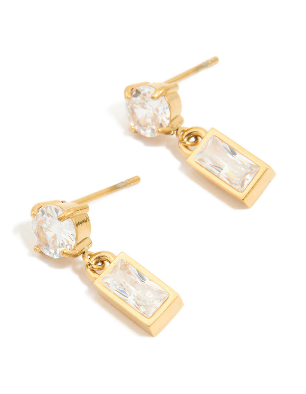 Waterproof Gold Plated Stainless Steel Cubic Zirconia Round & Baguette Drop Earrings