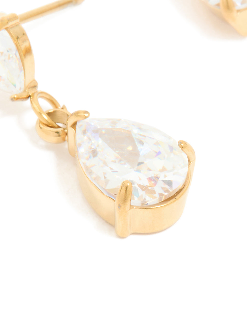 Highlighting waterproof gold plated stainless steel cubic zirconia dainty drop earrings in close up view