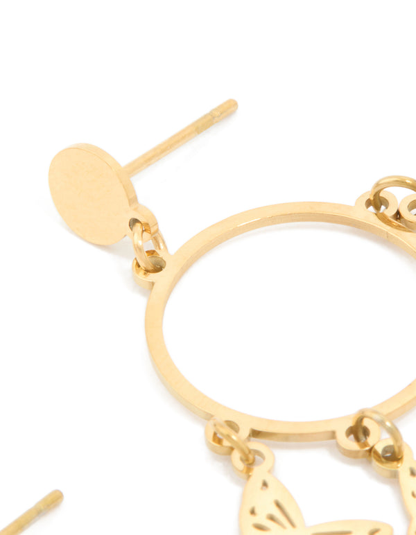 Waterproof Gold Plated Stainless Steel Butterfly Charms Hoop Earrings