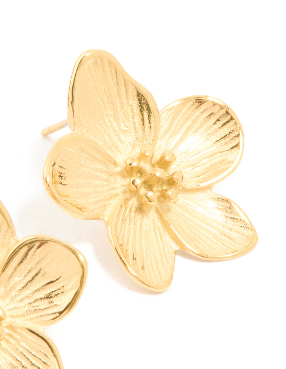 Waterproof gold plated stainless steel textured flower earrings post detail view