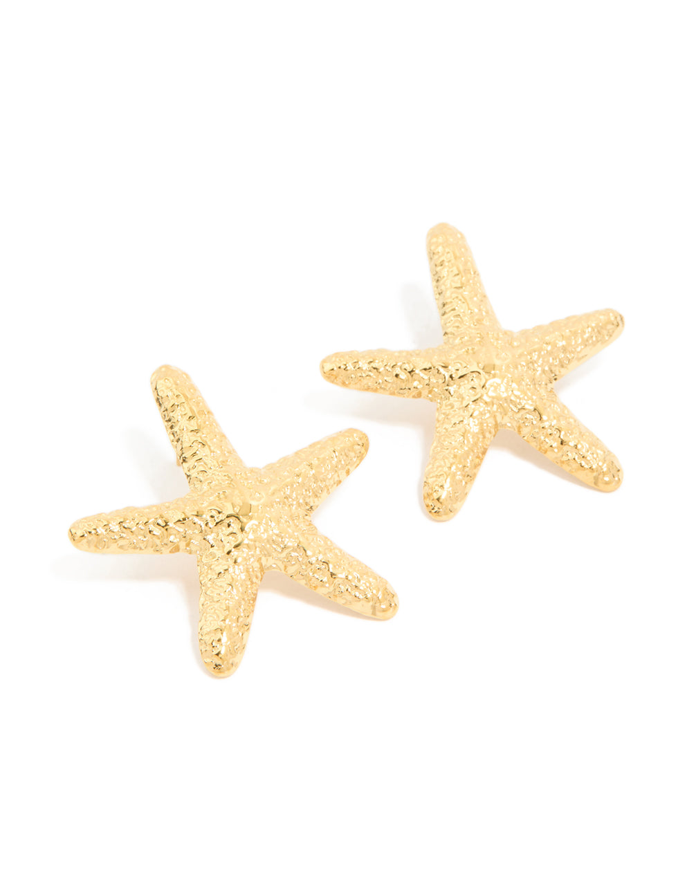 Showcasing statement starfish stud earrings featuring ocean-inspired design, crafted from waterproof stainless steel in gold plated finish front view