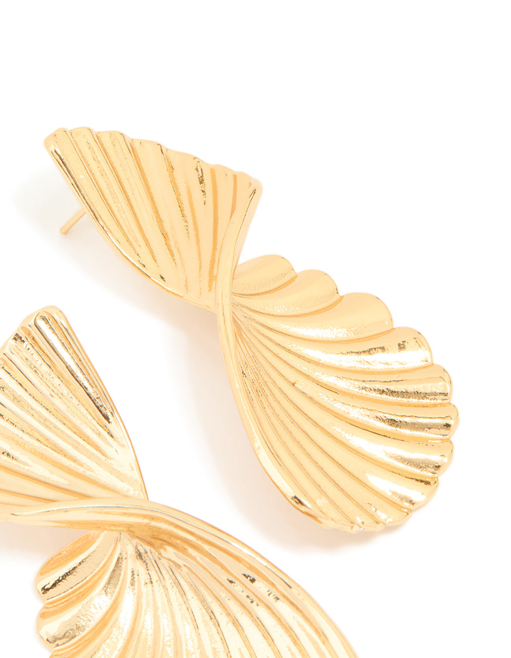 Detailed view of waterproof gold plated stainless steel twisted textured stud earrings post detail view