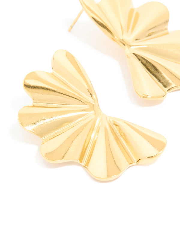 Designed with waterproof gold plated stainless steel wavy fan flower stud earrings in gold close up view