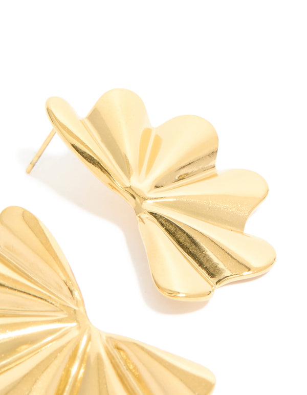 Elegant waterproof gold plated stainless steel wavy fan flower stud earrings in gold post detail view