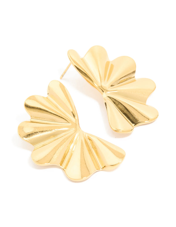 Showcasing waterproof gold plated stainless steel wavy fan flower stud earrings in gold front view