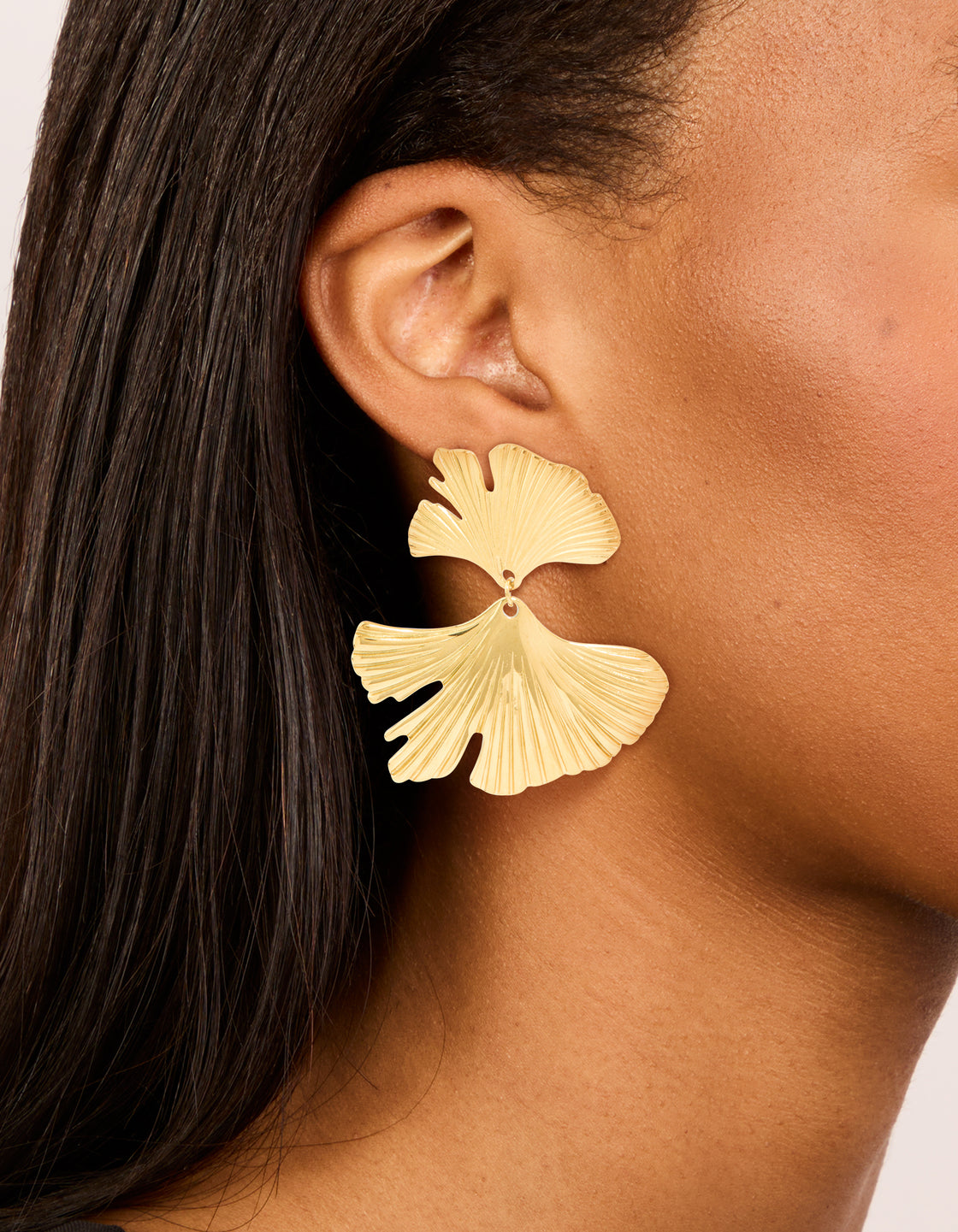 Waterproof Gold Plated Stainless Steel Double Ribbed Fan Drop Earrings