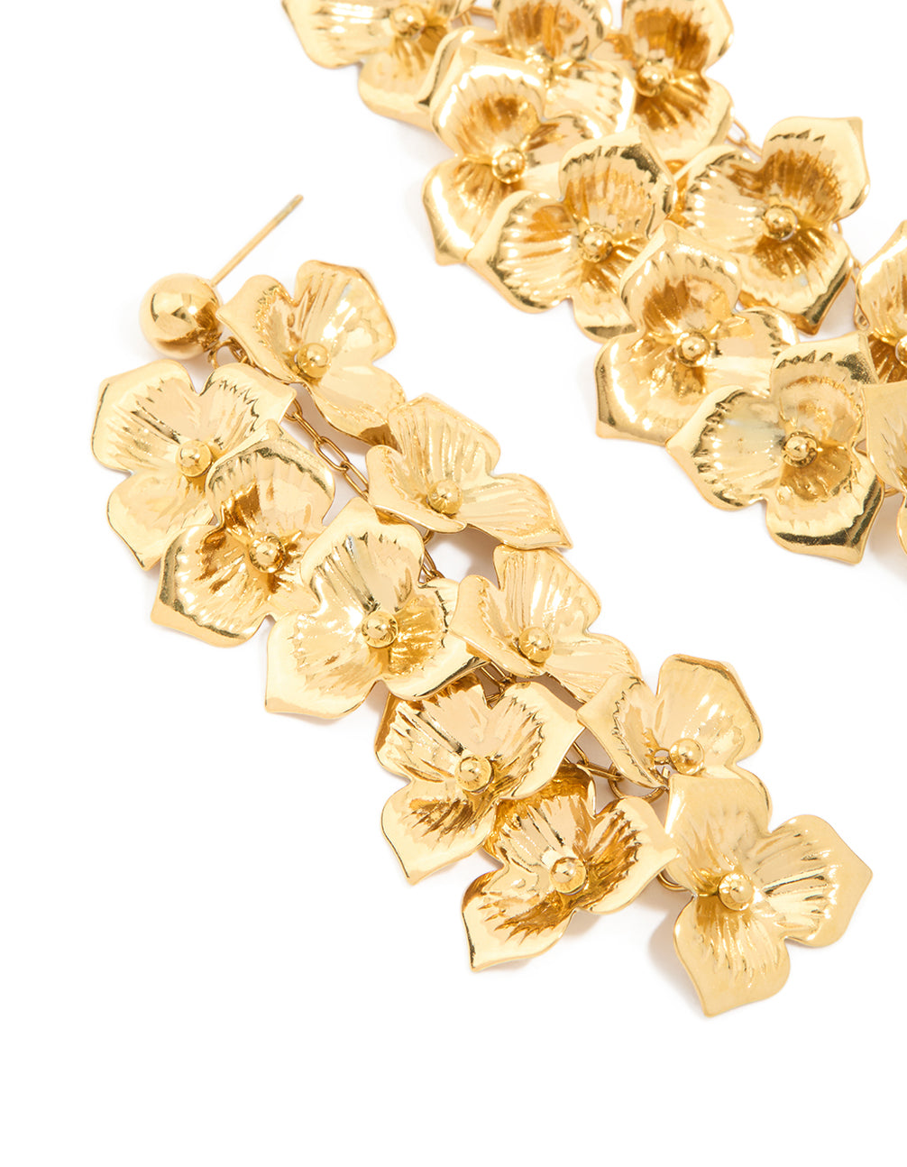 Highlighting waterproof gold plated stainless steel flower cascading drop earrings close up view