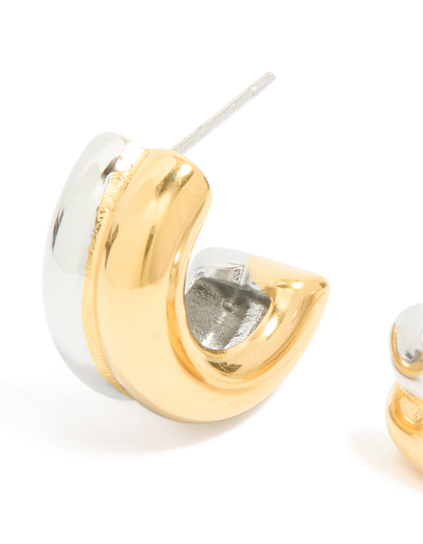 Highlighting waterproof mixed metal plated stainless steel layered huggie earrings in gold and silver close up view