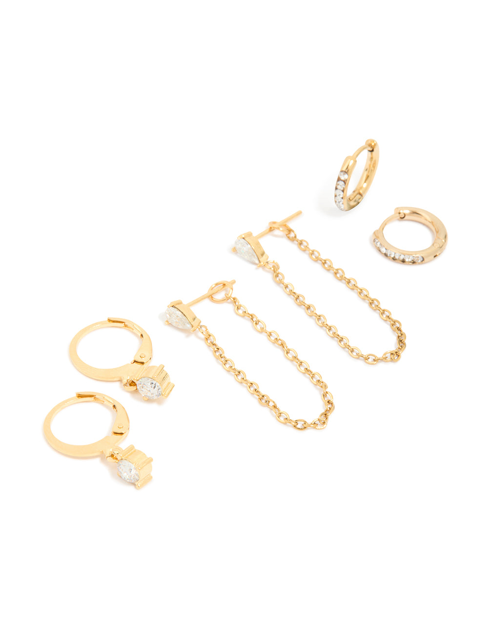 Displaying waterproof gold plated stainless steel cubic zirconia pavé earrings stacking pack front view