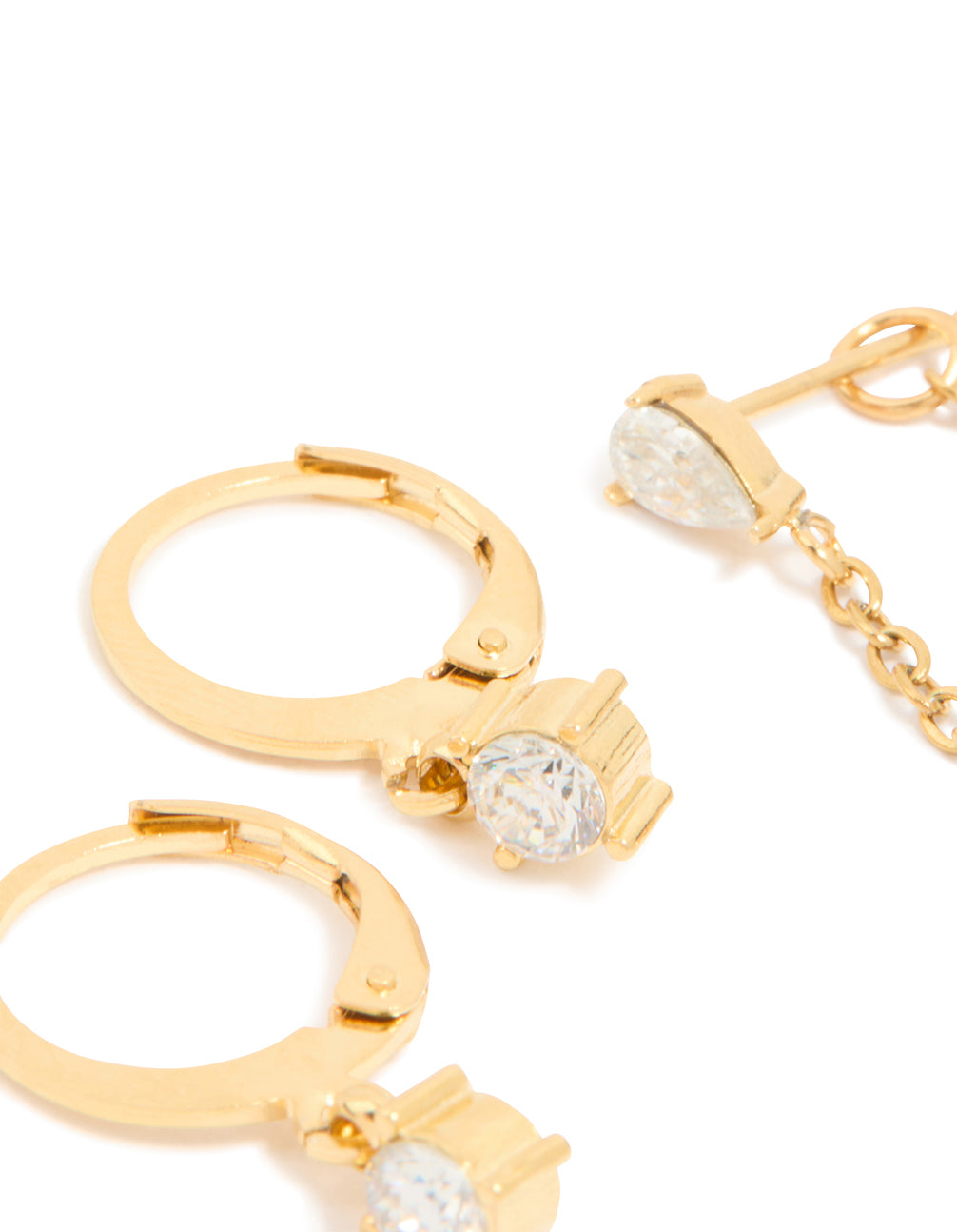 Highlighting waterproof gold plated stainless steel cubic zirconia pavé earrings stacking pack close up view