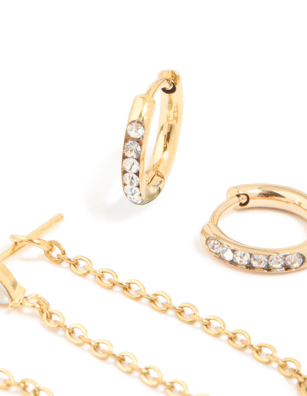 Illustrating waterproof gold plated stainless steel cubic zirconia pavé earrings stacking pack post detail view