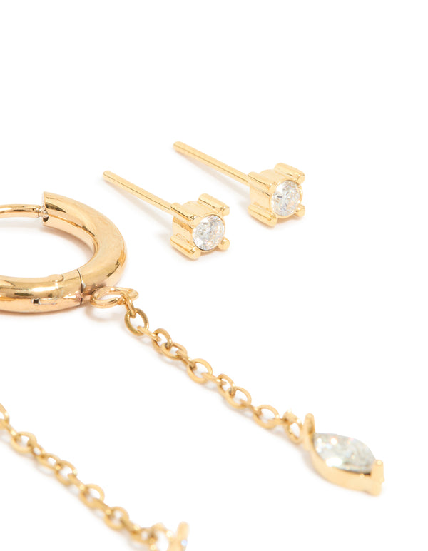 Waterproof Gold Plated Stainless Steel Cubic Zirconia Chain & Studs Ear Stacking Pack