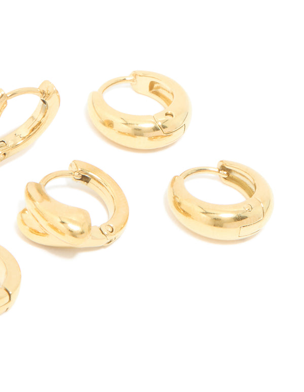 Highlighting waterproof gold plated stainless steel chunky huggie earrings 3-pack post detail view