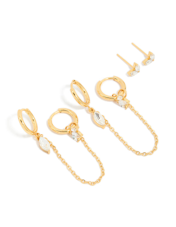 Discover waterproof gold plated stainless steel huggie earrings featuring marquise cut cubic zirconia and diamante chain in a 2-pack front view