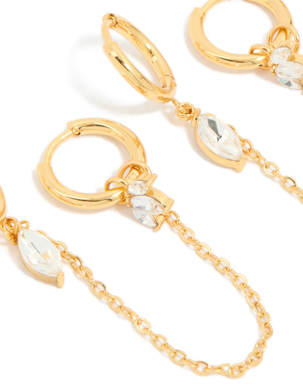 Showcasing waterproof gold plated stainless steel huggie earrings with marquise cut cubic zirconia and diamante chain detail in a 2 pack close up view