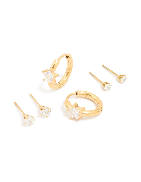 Waterproof Gold Plated Stainless Steel Cubic Zirconia Huggie & Stud Earrings 3-Pack
