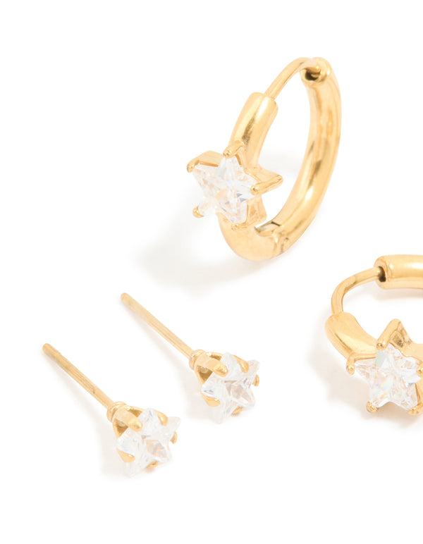 Crafted from waterproof gold plated stainless steel cubic zirconia huggie and stud earrings in a 3-pack with celestial star close up view