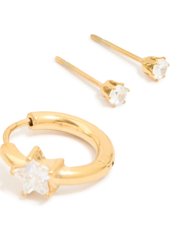 Highlighting waterproof gold plated stainless steel cubic zirconia huggie and stud earrings in a 3-pack with celestial star post detail view