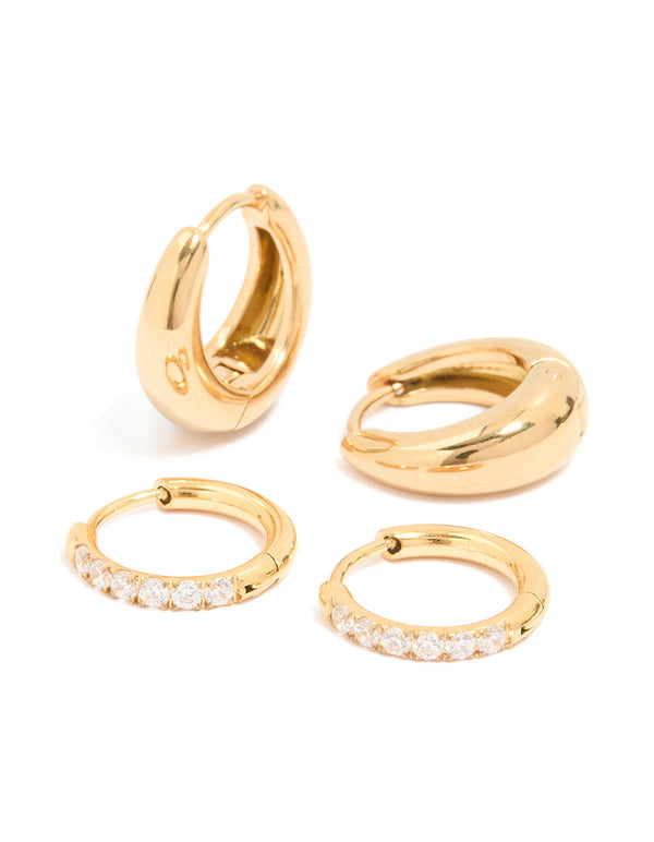 Waterproof Gold Plated Stainless Steel Cubic Zirconia & Chubby Huggie Earrings Set
