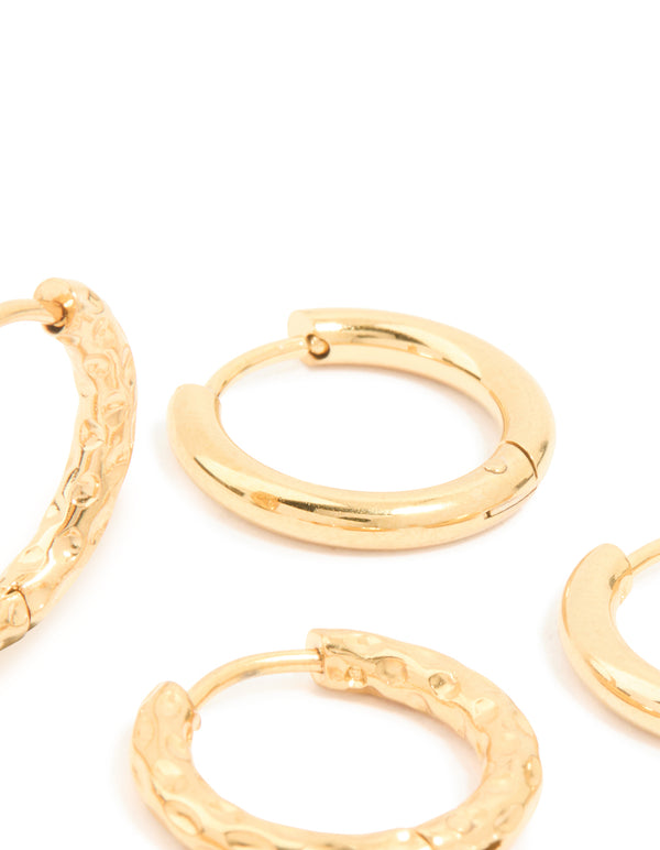 Designed with waterproof gold plated stainless steel mixed detail huggie earrings in a 3-pack post detail view