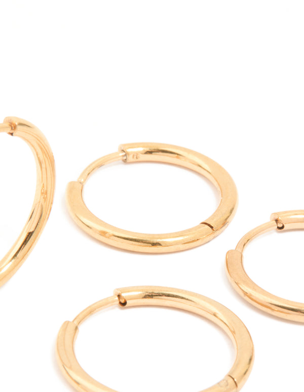 Explore waterproof gold plated stainless steel classic huggie clicker earrings in a 3-pack post detail view