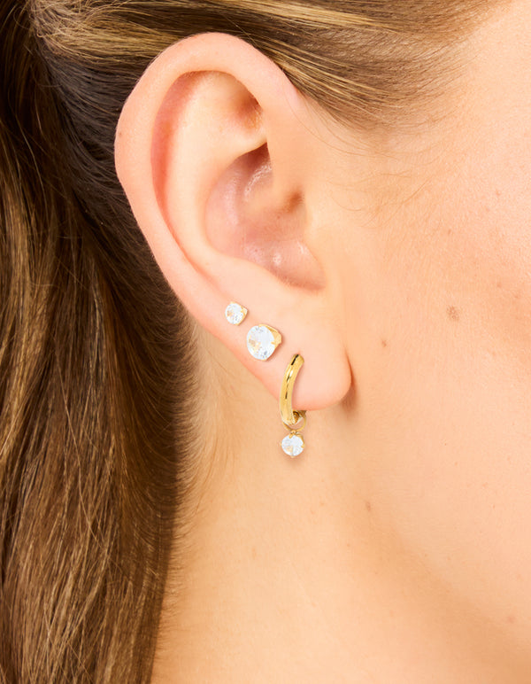 Waterproof Gold Plated Stainless Steel Cubic Zirconia Hoop & Stud Earrings 3-Pack