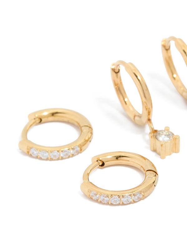 Showcasing waterproof gold plated stainless steel diamante earrings stud and huggie closures in a 3-pack close up view