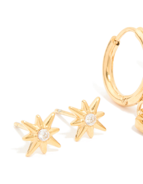 Waterproof Gold Plated Stainless Steel Cubic Zirconia Star Disc & Huggie Earrings 3-Pack