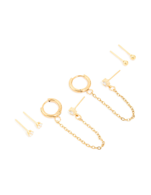 Beautifully crafted waterproof gold plated stainless steel diamante stud and chain earrings in a 3-pack with huggie closure front view