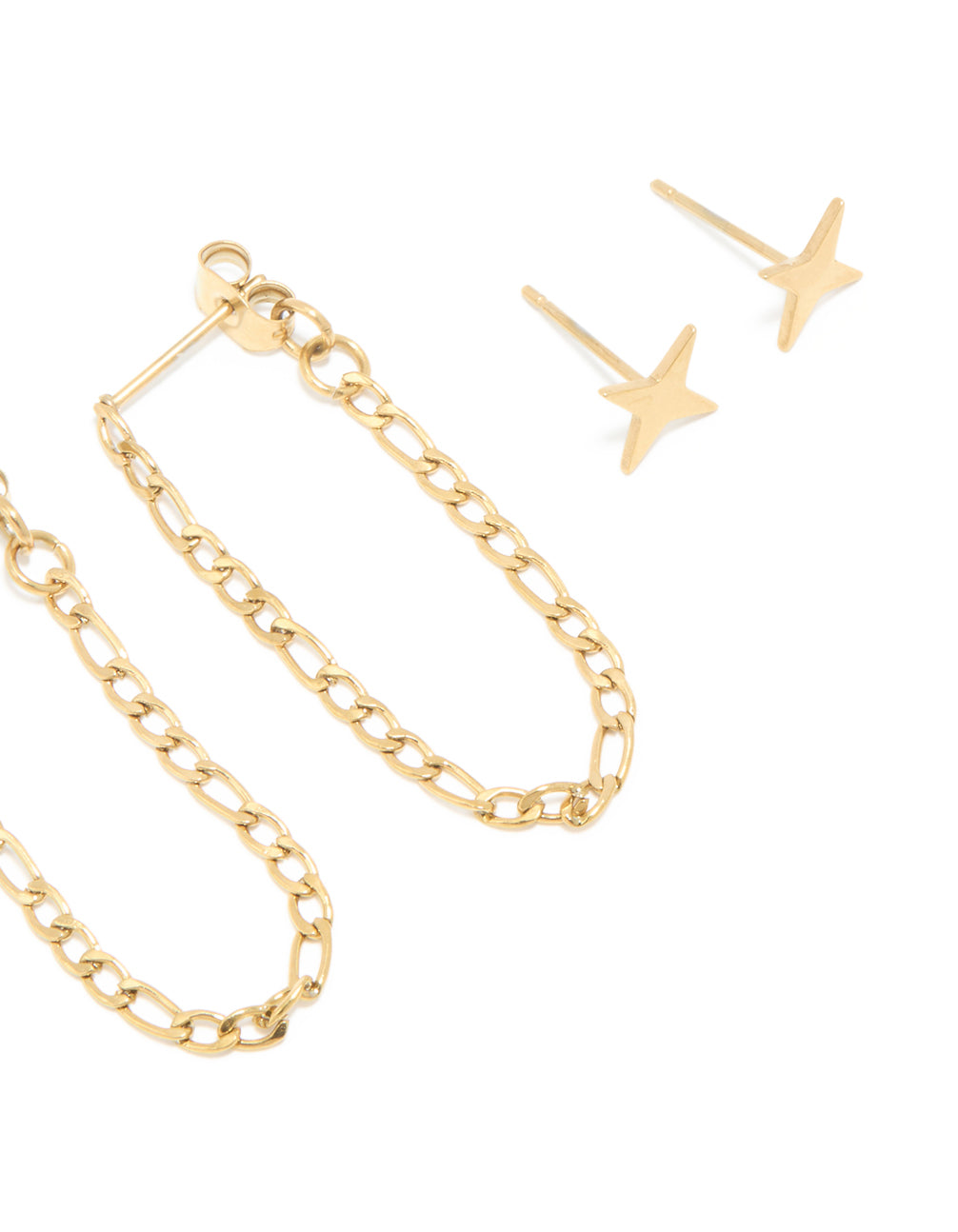 Explore a waterproof gold plated stainless steel star chain and stud earrings in a 4-pack featuring celestial design with cubic zirconia, pearl accents, and a stud closure post detail view