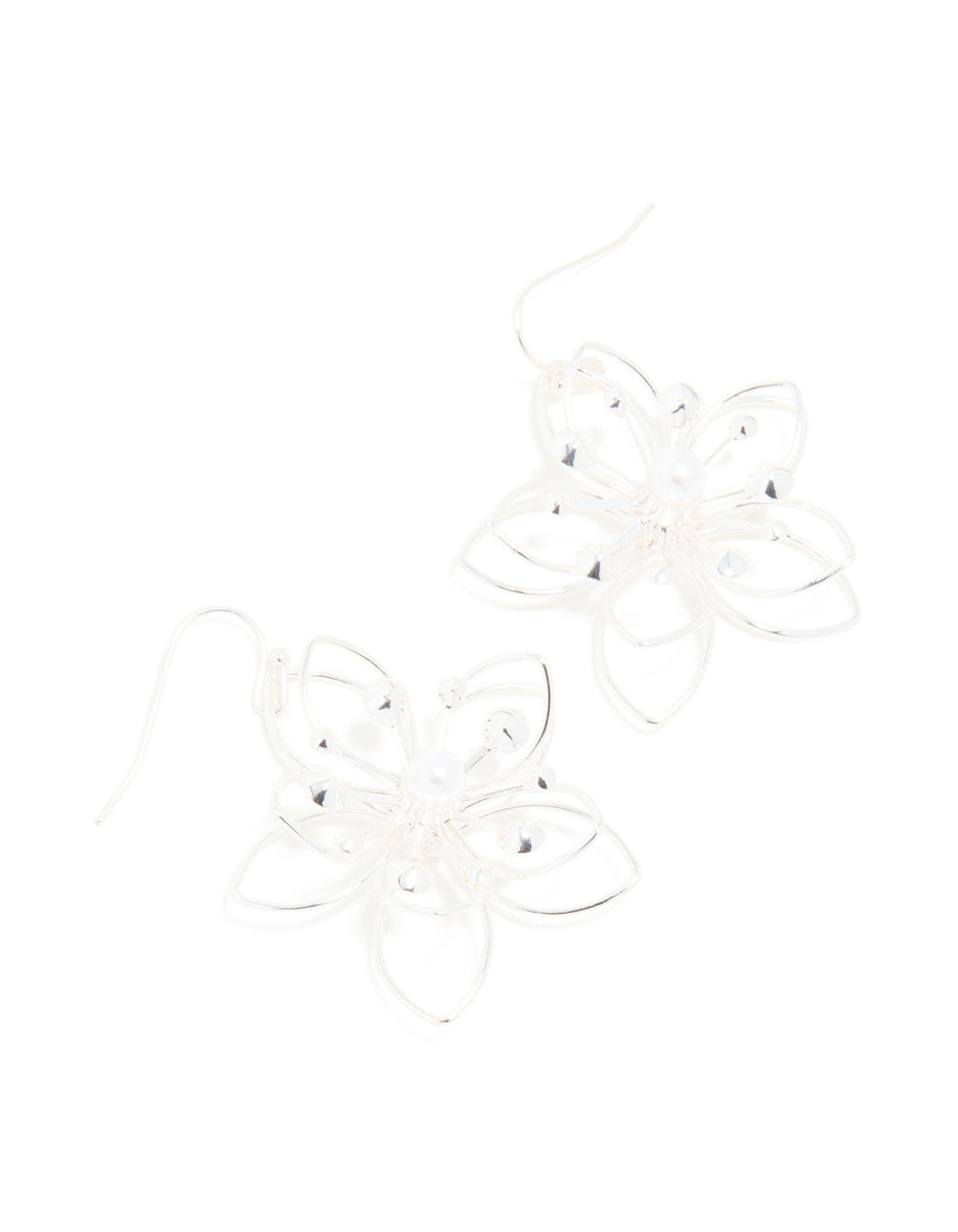Silver 3D Wire Flower Drop Earrings
