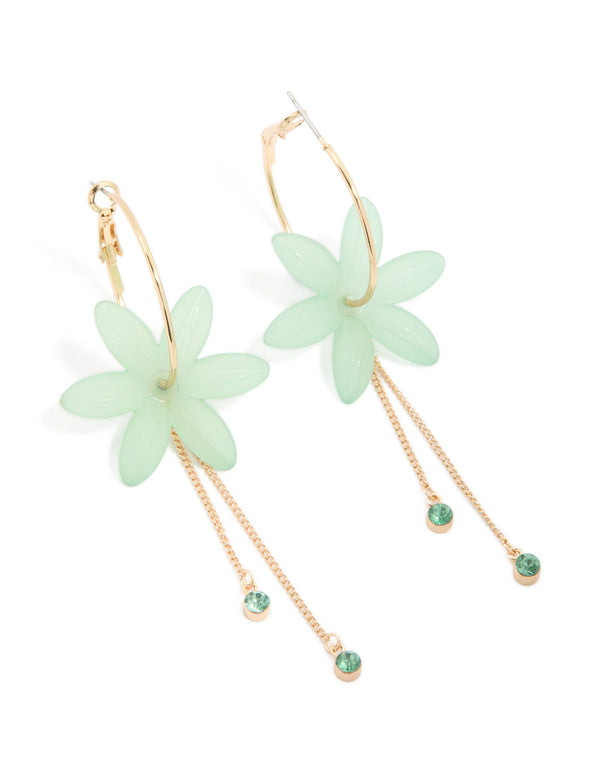 Gold Diamante Blue Flower Chain Drop Earrings